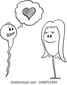 Vector cartoon stick figure drawing conceptual illustration of human sperm or spermatozoon declaring his love to ovum or egg with heart symbol.