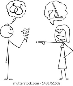 Vector cartoon stick figure drawing conceptual illustration of man holding flower and hoping in romantic sexual intercourse, but woman is sending him to wipe the floor instead.