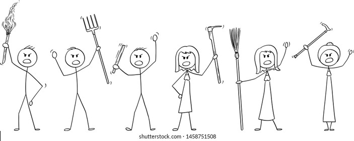 Vector Cartoon Stick Figure Drawing Conceptual Illustration Of Set Of Angry Mob Characters With Torch And Tools Like Pitchfork As Weapons.