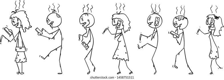 Vector cartoon stick figure drawing conceptual illustration of set of addicted zombies or dead people walking on the street and using mobile phones or cell phones.