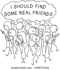 Vector cartoon stick figure drawing conceptual illustration of group of lonely people walking and using online social networks on mobile phones, and thinking about online and real friends.