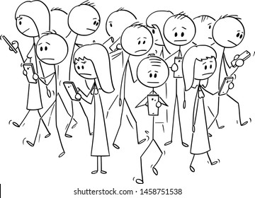 Vector cartoon stick figure drawing conceptual illustration of group of people or pedestrians walking on the street and using mobile phones or cell phones.