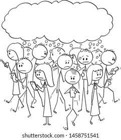 Vector cartoon stick figure drawing conceptual illustration of set of group of people or pedestrians walking on the street, and using mobile phones or cell phones and thinking together on something.