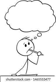 Vector cartoon stick figure drawing conceptual illustration of creative man or businessman or writer thinking about something, with ballpoint pen in mouth and piece of paper on the table.