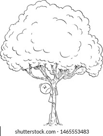 Vector cartoon stick figure drawing conceptual illustration of fearful or worried or afraid or curious man hiding behind tree.