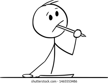 Vector cartoon stick figure drawing conceptual illustration of creative man or businessman or writer thinking about something, with ballpoint pen in mouth and piece of paper on the table.