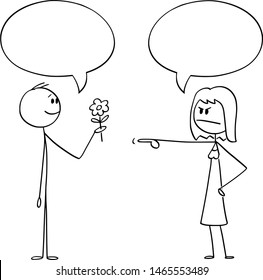 Vector cartoon stick figure drawing conceptual illustration of romantic man holding flower and giving it to angry woman. Both are saying something and have empty speech bubble or balloon above.