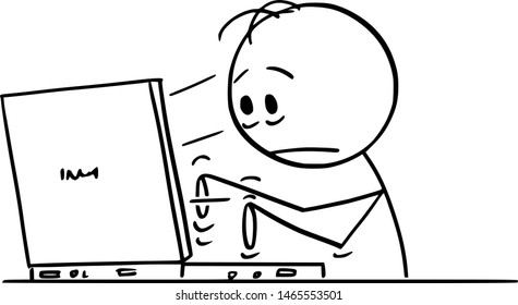 Vector cartoon stick figure drawing conceptual illustration of tired or frustrated man or businessman typing on computer.
