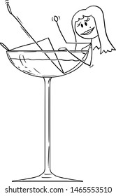 Vektor Cartoon Stick Figur Zeichnung konzeptionelle Illustration von burlesque sexy verführerische Frau Bad in großen Cocktail-Glas.