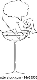 Vector cartoon stick figure drawing conceptual illustration of burlesque sexy seductive woman taking bath in big cocktail glass.
