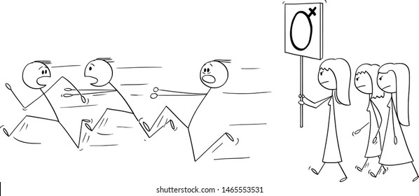 Zeichnen von Karikaturen auf Vektorillustration, die konzeptuelle Illustration von weiblichen Frauen zeichnen, die auf dem Schild mit Frauensymbol laufen oder manifestieren. Männer laufen in Panik davon.