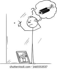 Vector cartoon stick figure drawing conceptual illustration of clumsy or awkward man thinking about explosives, when trying to figure how to hammer a hook for framed painting.
