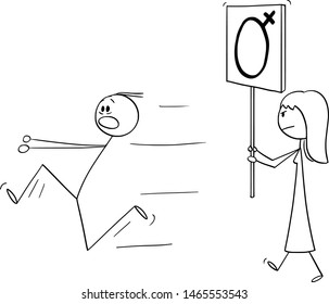 Vector cartoon stick figure drawing conceptual illustration of woman or feminist walking or manifesting with female gender symbol on sign. Man is running away in panic.