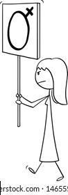 Vector cartoon stick figure drawing conceptual illustration of woman or feminist walking or manifesting with female gender symbol on sign.