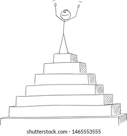 Vector cartoon stick figure drawing conceptual illustration of successful man or businessman celebrating victory on the peak of the pyramid. Business concept of success.