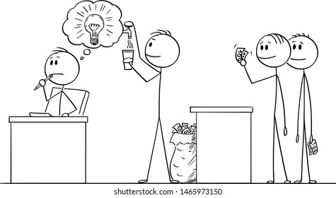 Vector cartoon stick figure drawing conceptual illustration of creative man or businessman thinking about problem, and another man exploiting and capitalizing his creativity.