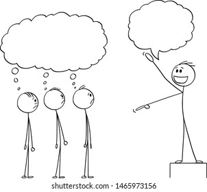 Vector cartoon stick figure drawing conceptual illustration of enthusiastic man, business leader or boss or manager talking to group or team of employee or crowd. They are thinking something about him