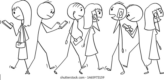 El vector de caricaturas ilustra la ilustración conceptual de un grupo de personas o peatones caminando por la calle y usando teléfonos móviles o celulares.