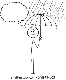 Vector cartoon stick figure drawing conceptual illustration of man or businessman standing in rain or Storm and holding umbrella. He is in safe and hidden from the crisis.