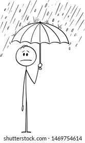 Vector cartoon stick figure drawing conceptual illustration of man or businessman standing in rain or Storm and holding umbrella. He is in safe and hidden from the crisis.