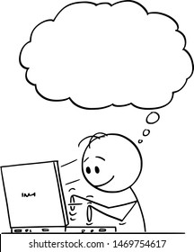Vector cartoon stick figure drawing conceptual illustration of smiling writer, man or businessman typing or working on computer. Empty speech bubble above him.