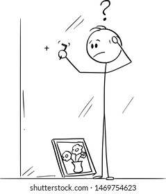 Vector cartoon stick figure drawing conceptual illustration of man thinking hard, how to use hook to hang painting of flowers in vase painted on canvas on wall in interior.