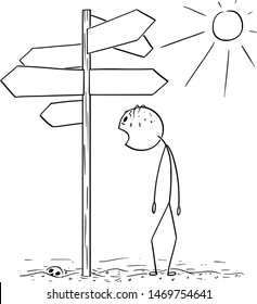 Vector cartoon stick figure drawing conceptual illustration of exhausted and thirsty man walking on hot desert and found empty signpost showing in many directions.