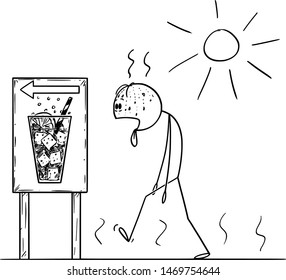 Vector cartoon stick figure drawing conceptual illustration of exhausted man walking in sunny day in summer to buy cold drink or soda with tongue lolling out.