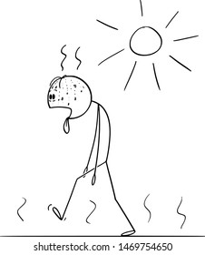 Vector cartoon stick figure drawing conceptual illustration of thirsty and exhausted man walking in sunny day in summer with tongue lolling out.