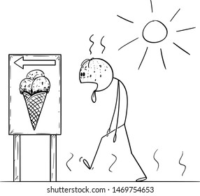 Vector cartoon stick figure drawing conceptual illustration of exhausted man walking in sunny day in summer to buy ice cream with tongue lolling out.