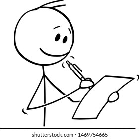 Vector cartoon stick figure drawing conceptual illustration of smiling man or businessman behind desk writing with ballpoint pen on sheet of paper.