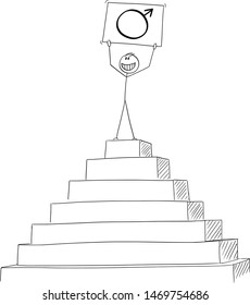 Vector cartoon stick figure drawing conceptual illustration of successful man celebrating success on the peak of the pyramid with male gender or sex symbol in hands.