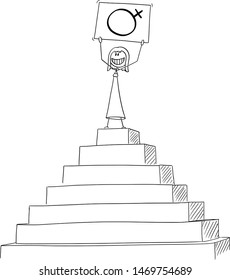 Vector cartoon stick figure drawing conceptual illustration of successful woman celebrating success on the peak of the pyramid with female gender or sex symbol in hands.