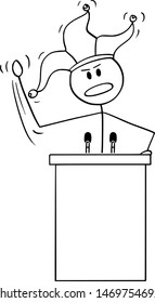 Vector cartoon stick figure drawing conceptual illustration of fool or foolish man, businessman or politician having speech behind lectern with jester hat.