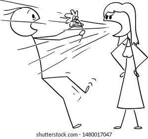 Vector cartoon stick figure drawing conceptual illustration of woman on date yelling or screaming at man holding a flower.Concept or couple relationship and love.