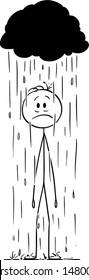 Vector cartoon stick figure drawing conceptual illustration of man or businessman standing frustrated in rain under small storm cloud.