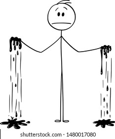 Vector cartoon stick figure drawing conceptual illustration of man with both hands dirty or grimy.