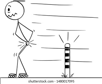 Vector cartoon stick figure drawing conceptual illustration of man skating on inline skates, and painfully hit his testicles when passing small post on the road.