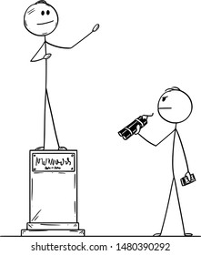 Vector cartoon stick figure drawing conceptual illustration of man with explosive or bomb who is going to destroy statue of politician.