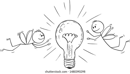 Vector cartoon stick figure drawing conceptual illustration of two men or businessmen as flies or moths attracted by light bulb and flying around it.