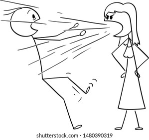 Vector cartoon stick figure drawing conceptual illustration of woman yelling or screaming at man.Concept or couple relationship.