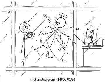 Vector cartoon stick figure drawing conceptual illustration of flying angel who crush into office or commercial high rise building window. Workers are watching him shocked.