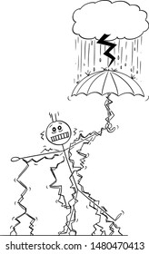Vector cartoon stick figure drawing conceptual illustration of man or businessman struck by lightning, when standing in rain safe under umbrella under small storm cloud.