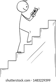 Vector cartoon stick figure drawing conceptual illustration of man climbing upstairs following incorrect navigation in mobile phone ignoring the edge in his way.