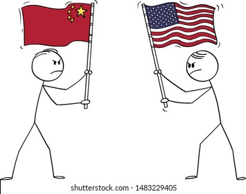 Vector caricatura ilustra la ilustración conceptual de dos hombres, políticos o hombres de negocios enardecidos con banderas de Estados Unidos o de Estados Unidos y China. Concepto de guerra comercial y conflicto.