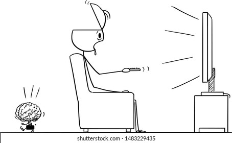 Vector cartoon stick figure drawing conceptual illustration of brainless man sitting in chair and watching dull shows in TV or television, his brain is leaving him.