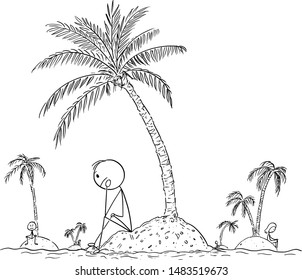 Vector cartoon stick figure drawing conceptual illustration of lonely people living alone on small islands, without friends or human society. Concept of loneliness.