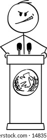 Vector cartoon stick figure drawing conceptual illustration of evil man or politician speaking or having speech to public or followers on podium behind lectern.