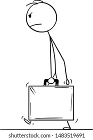 Vector cartoon stick figure drawing conceptual illustration of angry man walking with suitcase, briefcase or case.