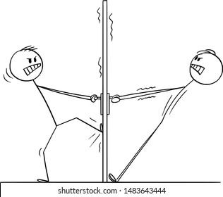 Vector cartoon stick figure drawing conceptual illustration of two angry men or businessmen trying to open the door from both sides and not cooperating.